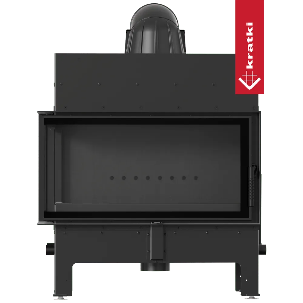Kratki Floki L 12 kW Links, moderne zwarte houtkachel met glazen deur en strak ontwerp.