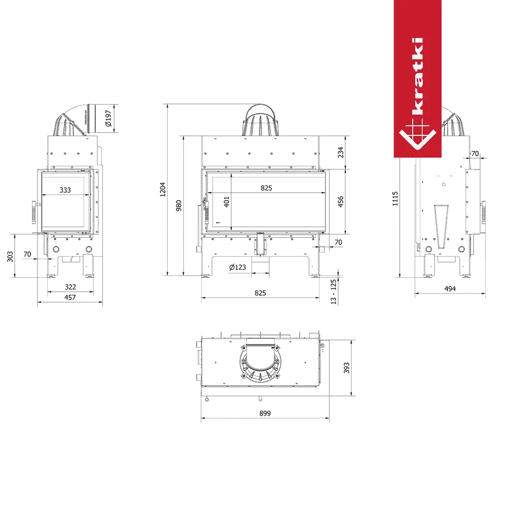 Technische tekening van Kratki Floki L 12 kW Rechts met afmetingen en specificaties.