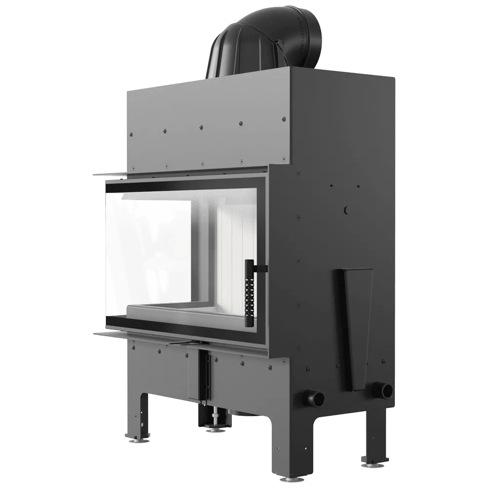 Kratki Floki M 10 kW Links, moderne zwarte houtkachel met glazen zijpaneel en stevige constructie.