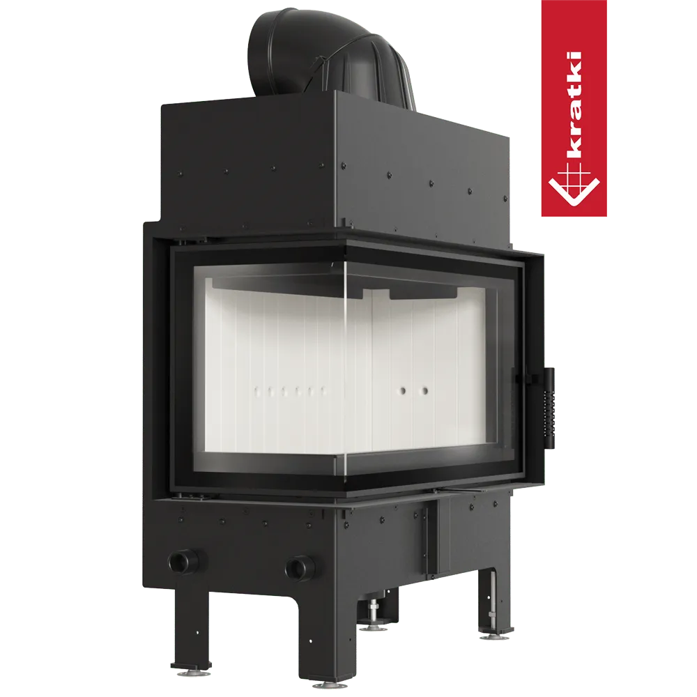 Kratki Floki M 10 kW Links, moderne hoekhaard met zwart metalen frame en glazen deur.