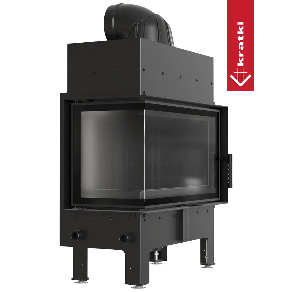 Kratki Floki M 10 kW Links, moderne zwarte houtkachel met glazen zijpaneel en bovenafvoer.