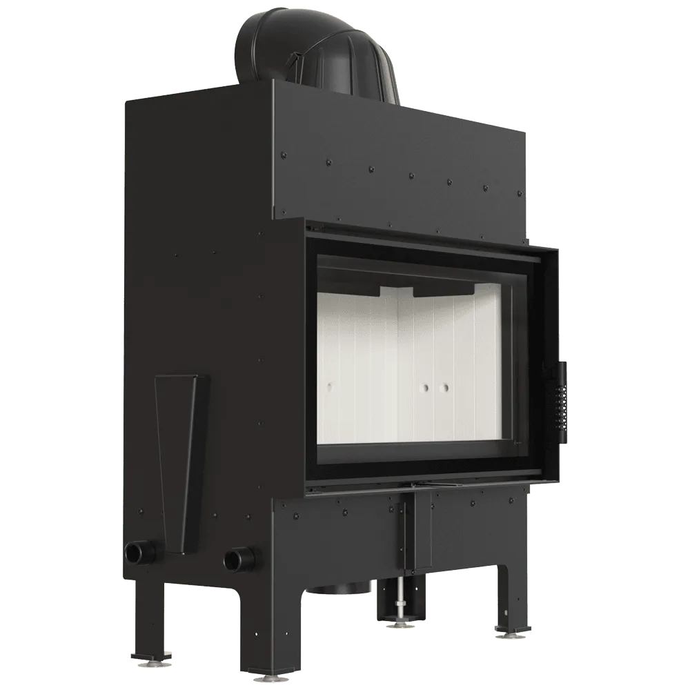 Zwarte Kratki Floki M 10 kW houtkachel met glazen deur en metalen behuizing.