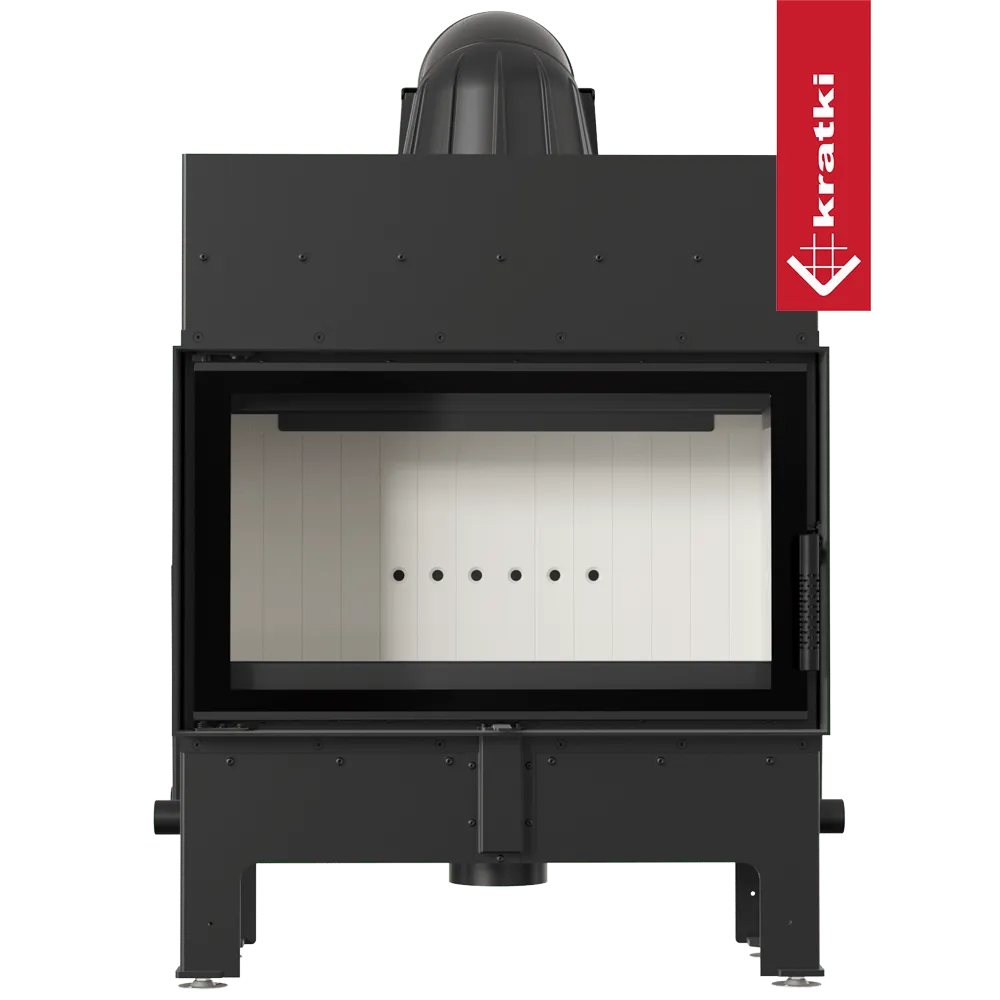 Kratki Floki M 10 kW houtkachel met modern ontwerp en groot glazen venster.