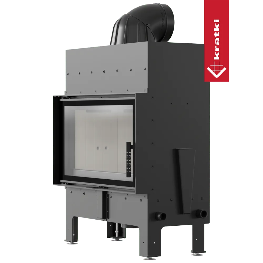 Kratki Floki M 10 kW houtkachel met glazen deur en moderne, zwarte afwerking.