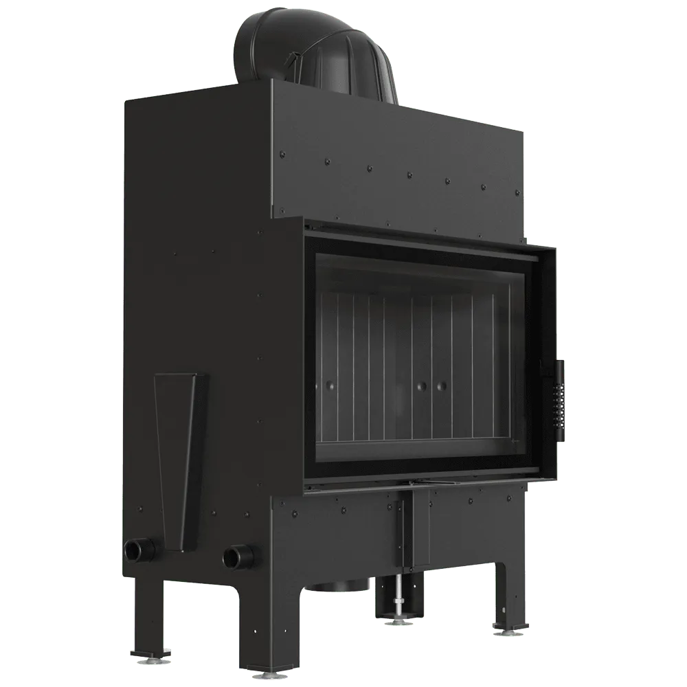 Zwarte Kratki Floki M 10 kW houtkachel met glazen deur en metalen behuizing.