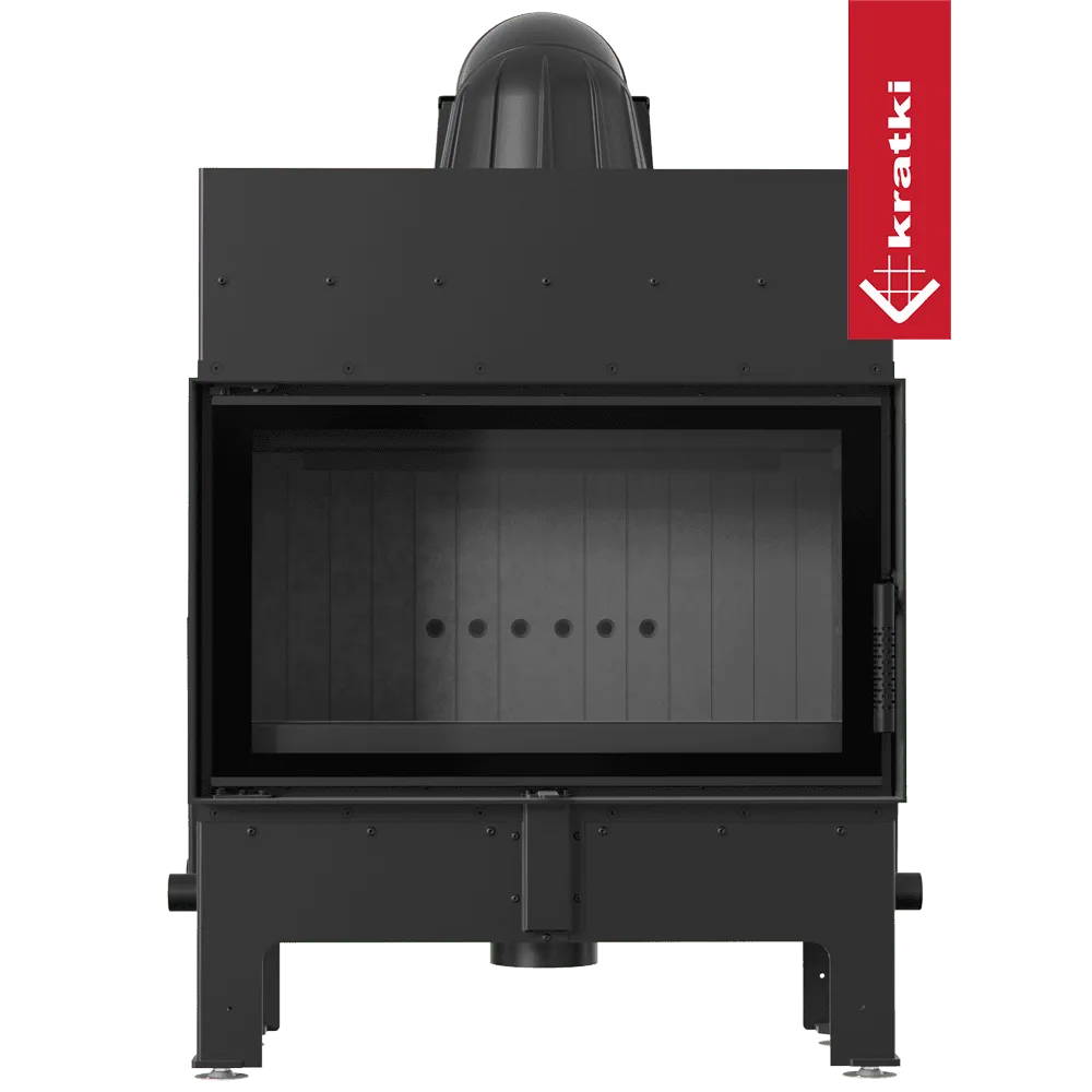 Zwarte Kratki Floki M 10 kW houtkachel met glazen deur en rode merklabel.