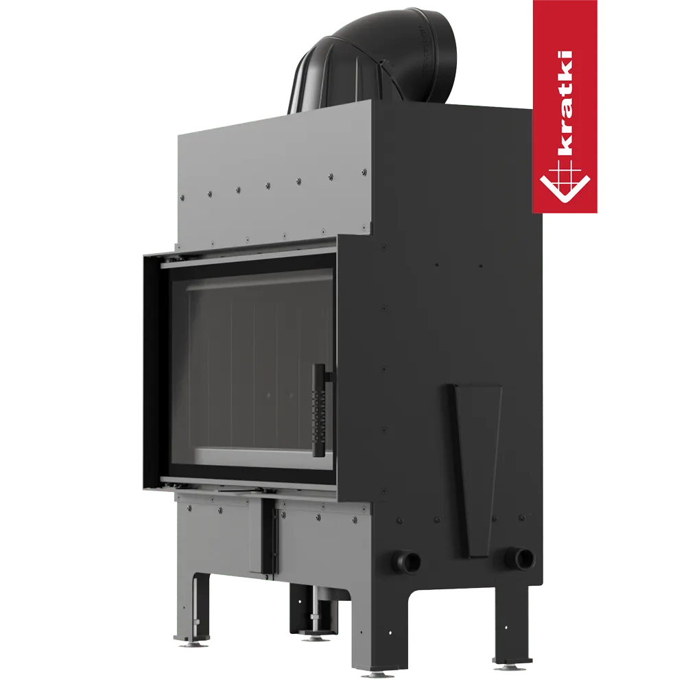 Kratki Floki M 10 kW houtkachel met modern ontwerp en zwarte afwerking.