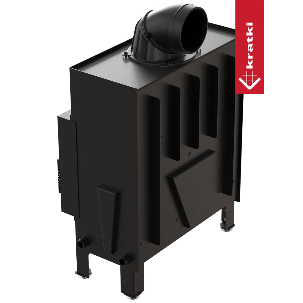 Zwarte Kratki Floki M 10 kW houtkachel met moderne, strakke lijnen en bovenste rookafvoer.