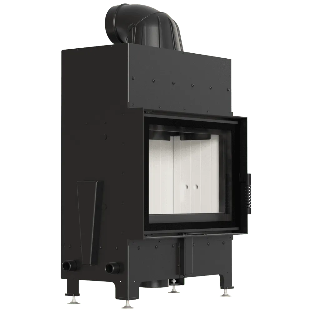 Zwarte Kratki Floki S 8 kW houtkachel met glazen deur en metalen afwerking.