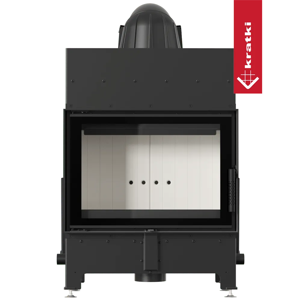 Kratki Floki S 8 kW houtkachel met zwart metalen frame en glazen deur.