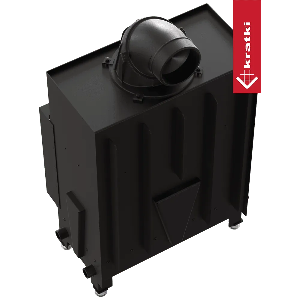 Zwarte Kratki Floki S 8 kW houtkachel met bovenafvoer en robuust ontwerp.