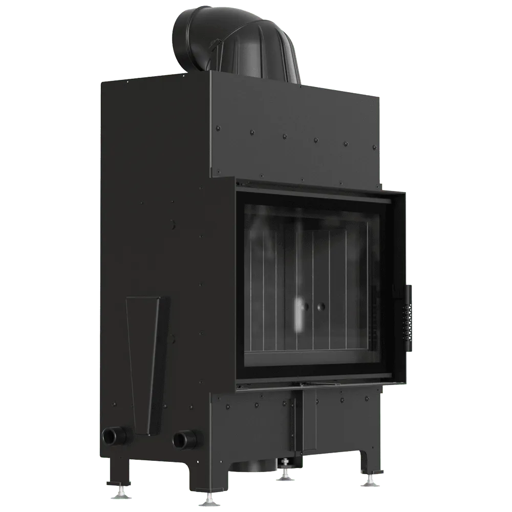 Zwarte Kratki Floki S 8 kW houtkachel met glazen deur en metalen afwerking.