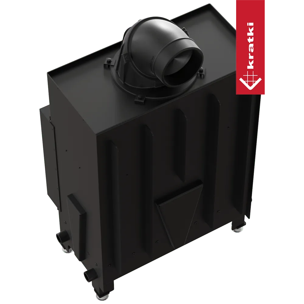 Zwarte Kratki Floki S 8 kW houtkachel met bovenafvoer en robuust ontwerp.