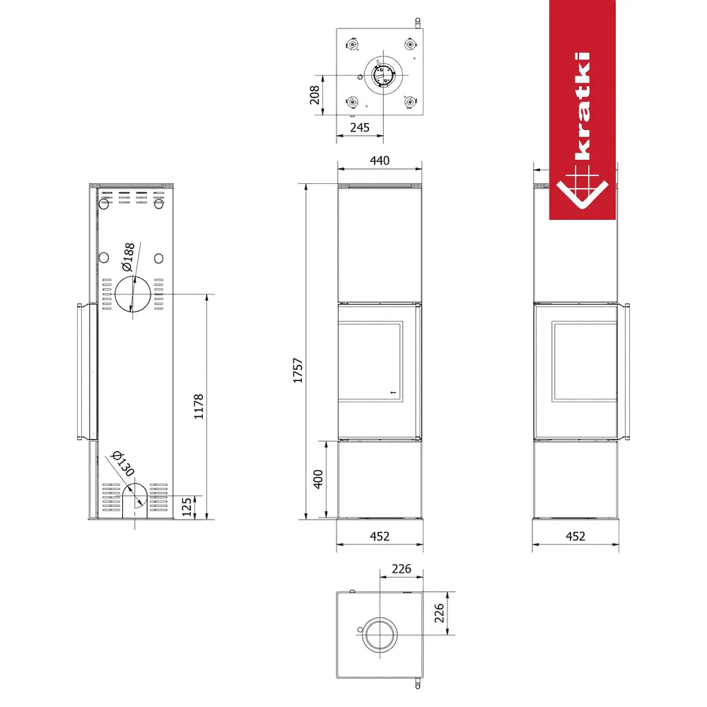 Technische tekening van Kratki Ren L Links haard met afmetingen en zijaanzichten.