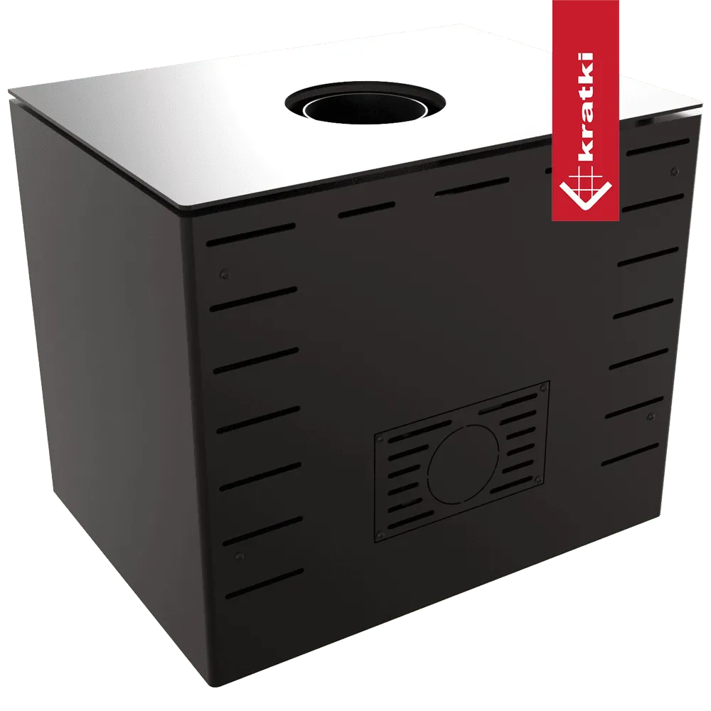 Zwarte Kratki Kari 70 houtkachel met bovenafvoer en ventilatierooster aan de zijkant.