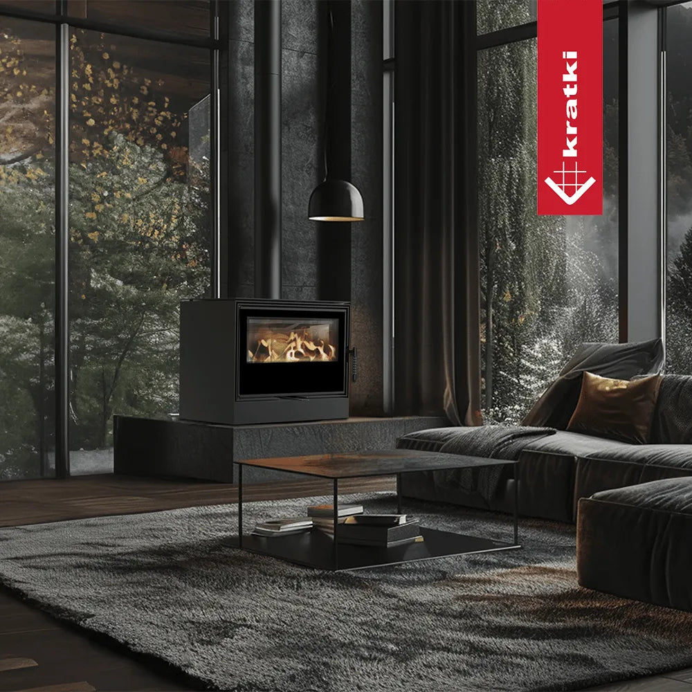 Moderne woonkamer met Kratki Kari 70 houtkachel, grote ramen en comfortabele zitruimte.