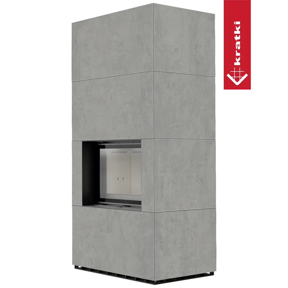 Grijze, moderne Kratki Floki S 8 kW haard met strakke lijnen en minimalistisch ontwerp.