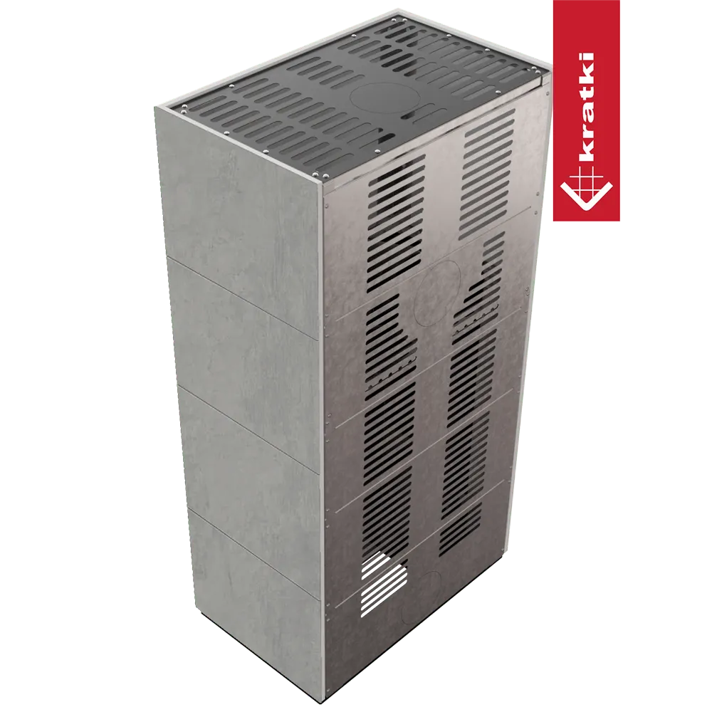 Kratki Floki S 8 kW, moderne grijze kachel met ventilatieopeningen en strak ontwerp.