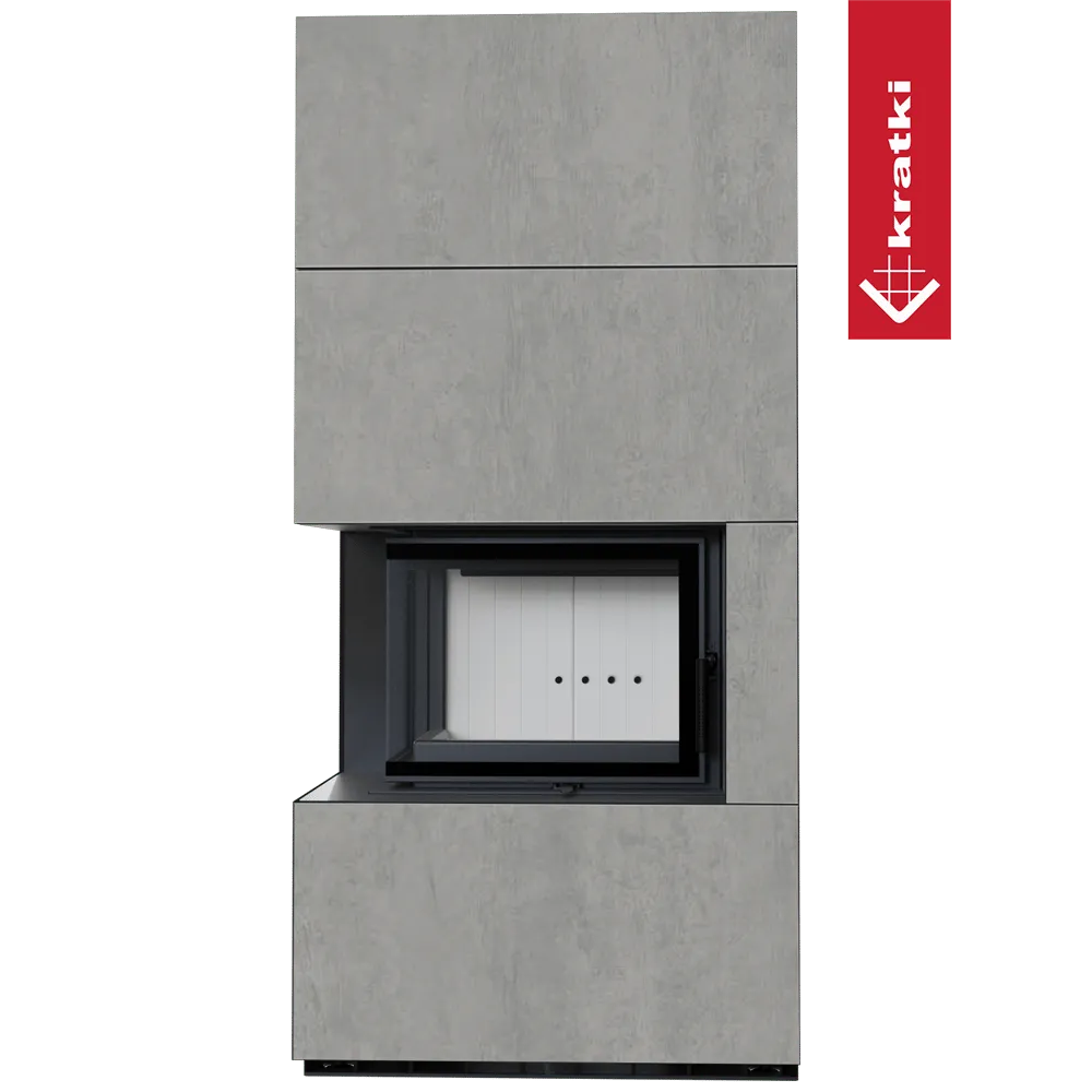 Kratki Floki S 8 kW Links, moderne grijze haard met linkse hoek en strak design.