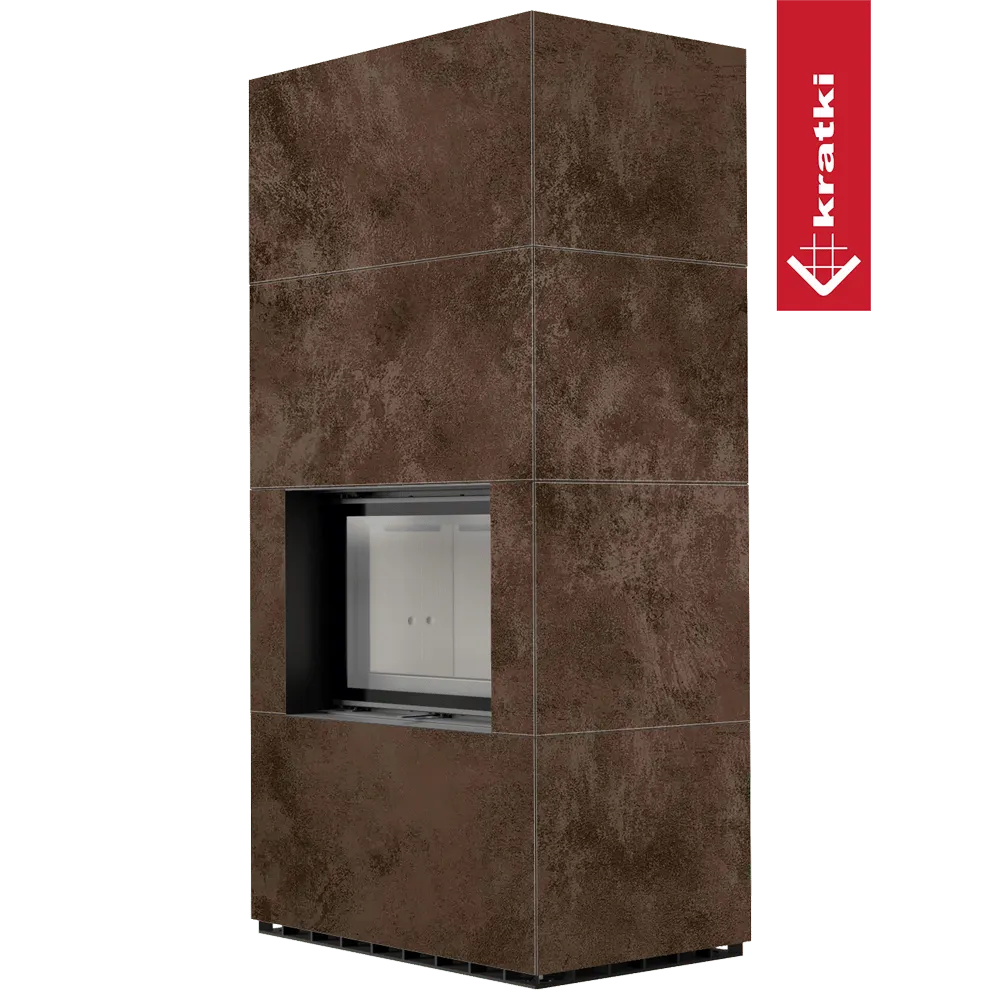 Bruine, rechthoekige Kratki Floki S 8 kW houtkachel met modern, minimalistisch ontwerp.
