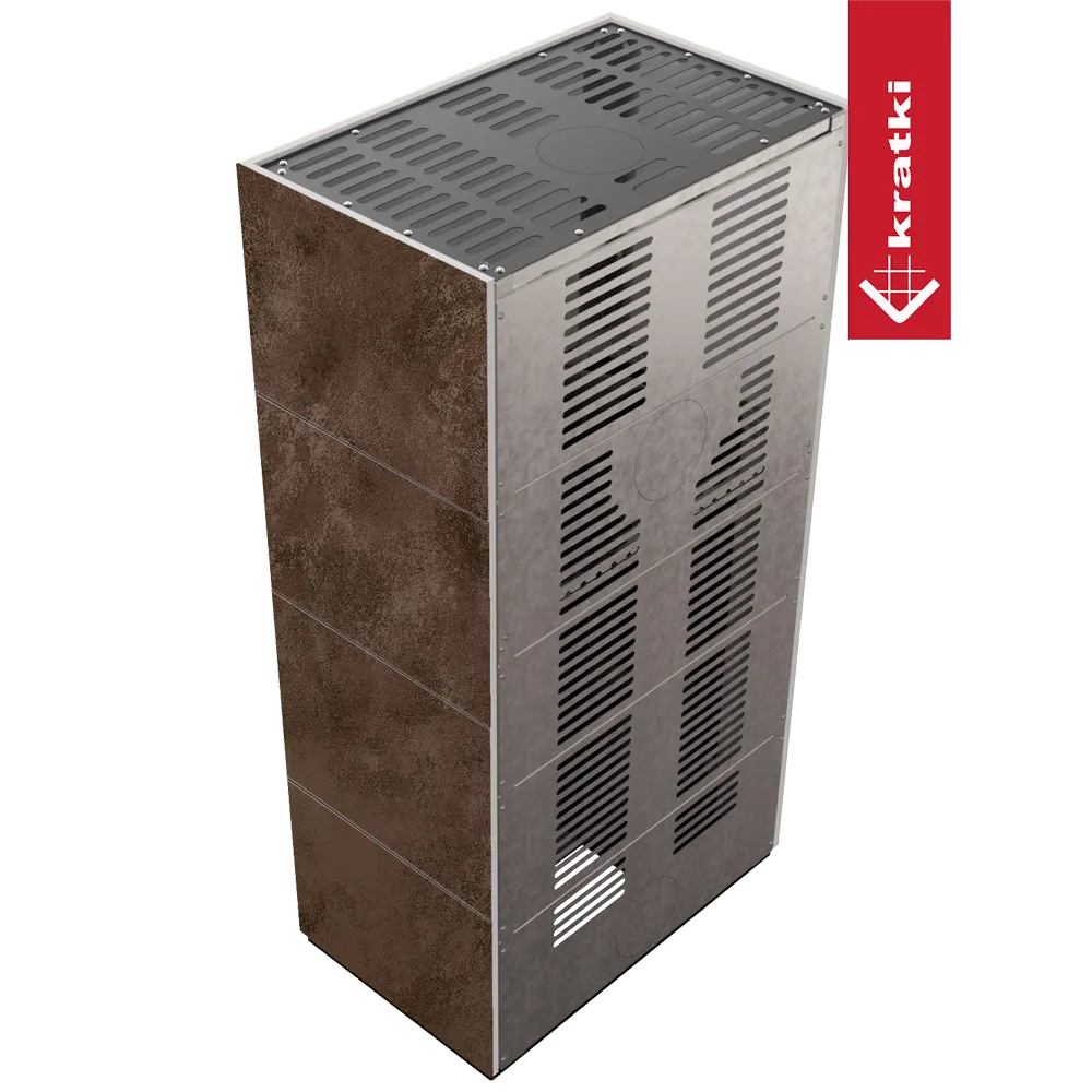 Kratki Floki S 8 kW, moderne metalen kachel met roestige afwerking en ventilatieopeningen.
