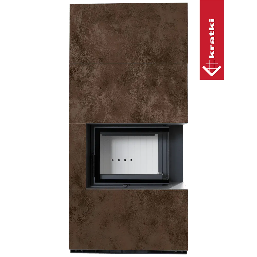 Kratki Floki S 8 kW Rechts, moderne houtkachel met bruine bekleding en glazen deur.