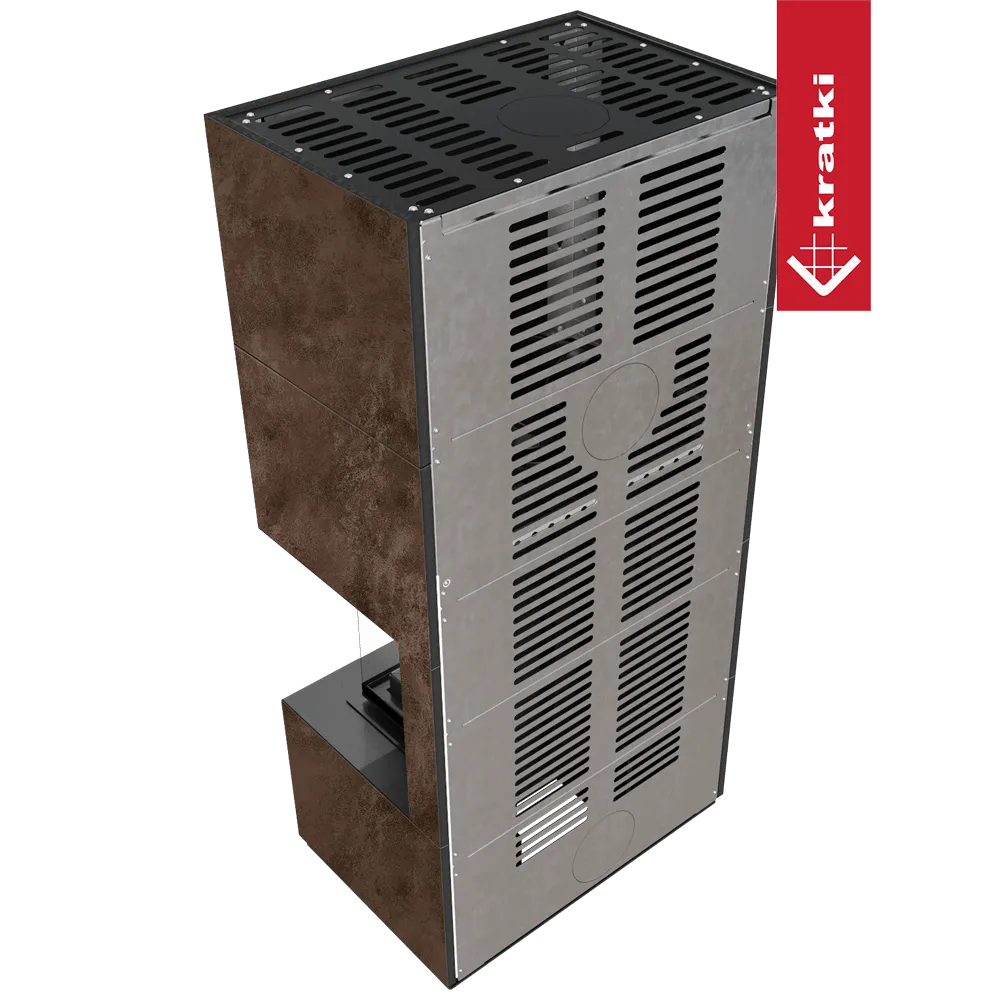 Kratki Floki S 8 kW Rechts, moderne houtkachel met metalen rooster en roestbruin zijpaneel.