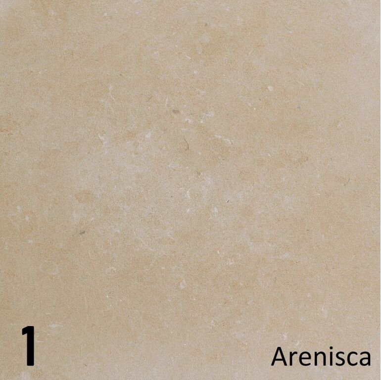 Schouw Stein variant t.b.v. vrijstaande kachel, beige steen met subtiele textuur, gemarkeerd als "Arenisca".