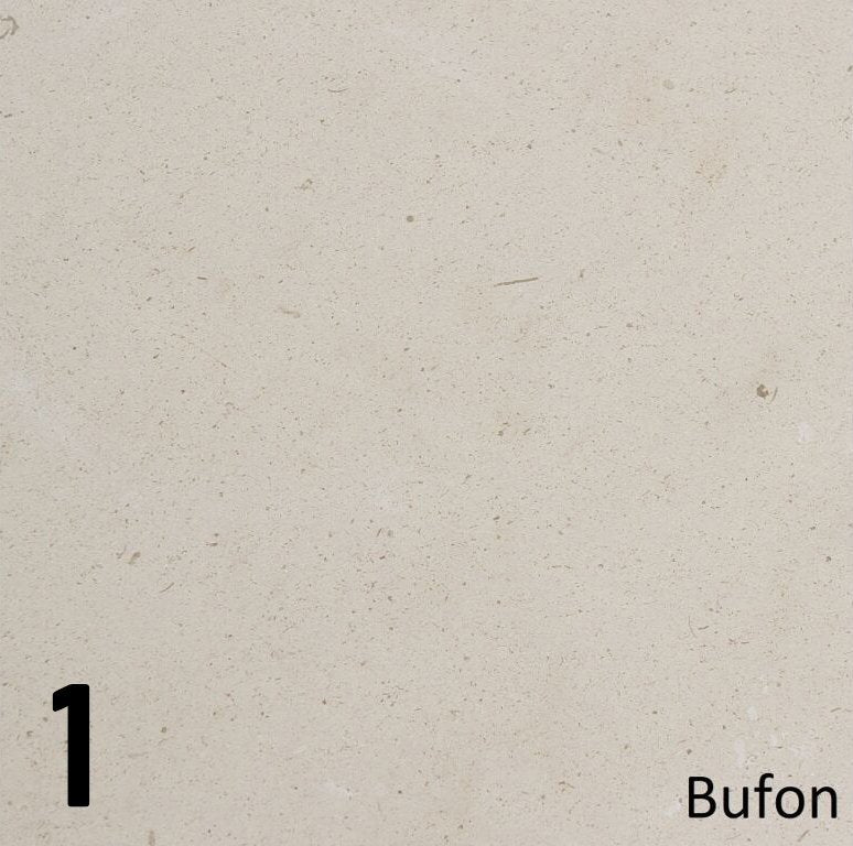 Schouw Stein variant t.b.v. vrijstaande kachel, lichtbeige steen met subtiele textuur, gemarkeerd als Bufon.
