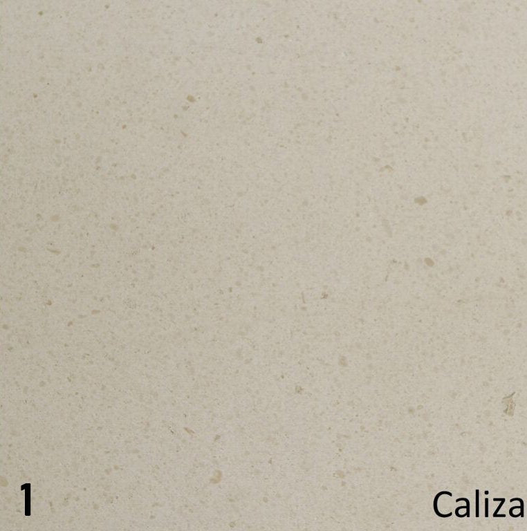 Schouw Stein variant t.b.v. vrijstaande kachel, beige met subtiele spikkels, gemarkeerd als "Caliza".