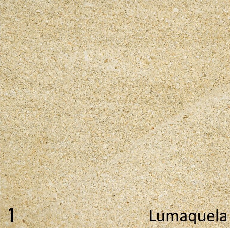 Beige, korrelige textuur van de Schouw Amarillo, met de naam "Lumaquela" rechtsonder.