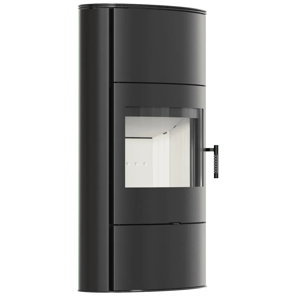 Zwarte, moderne houtkachel Kratki AB ROLLO 2 Hoog met groot glazen venster en metalen handvat.