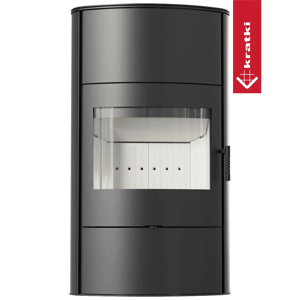 Zwarte Kratki AB ROLLO 2 Hoog houtkachel met glazen deur en strak, modern ontwerp.