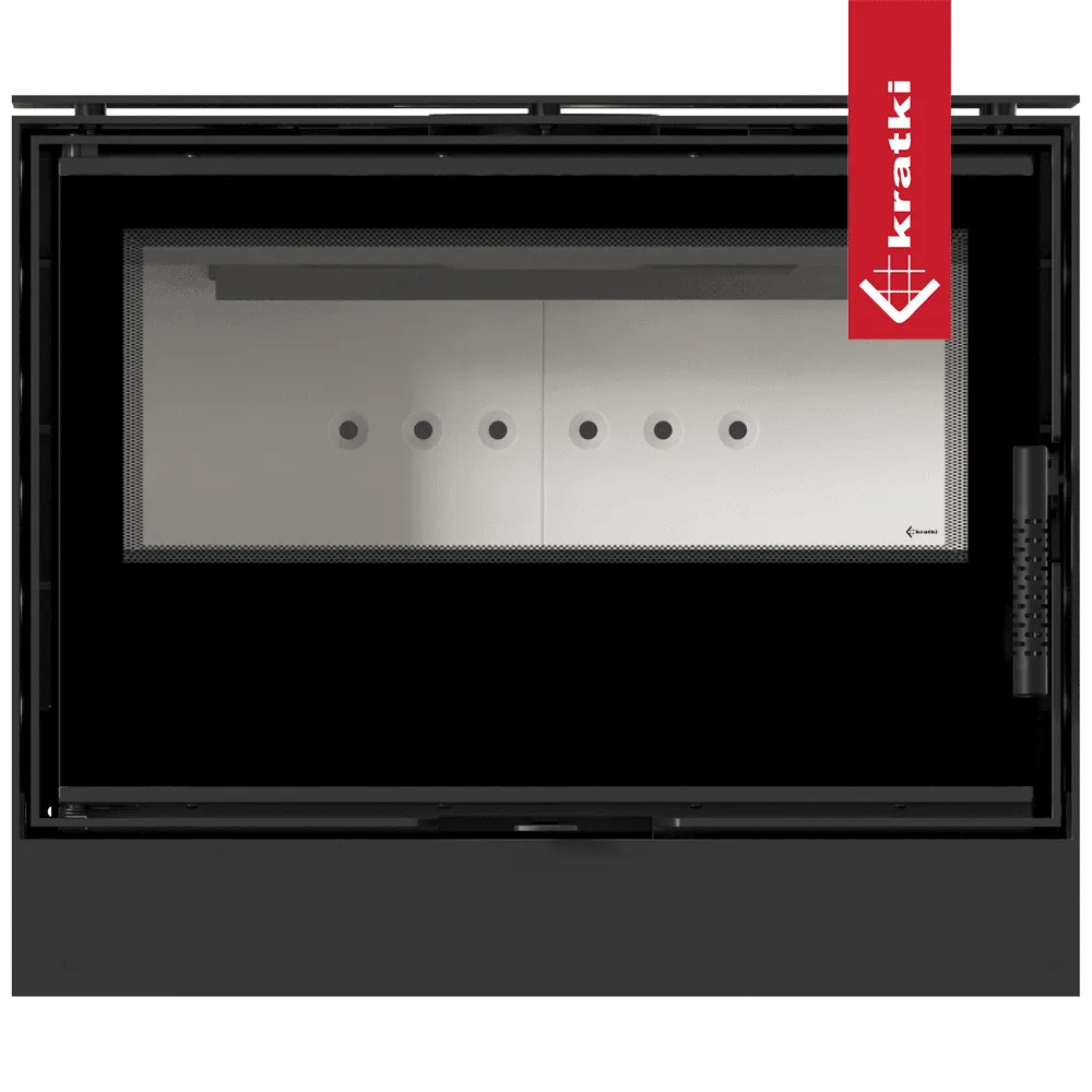 Kratki Kari 70 inbouwhaard met glazen deur en vijf ventilatieopeningen.