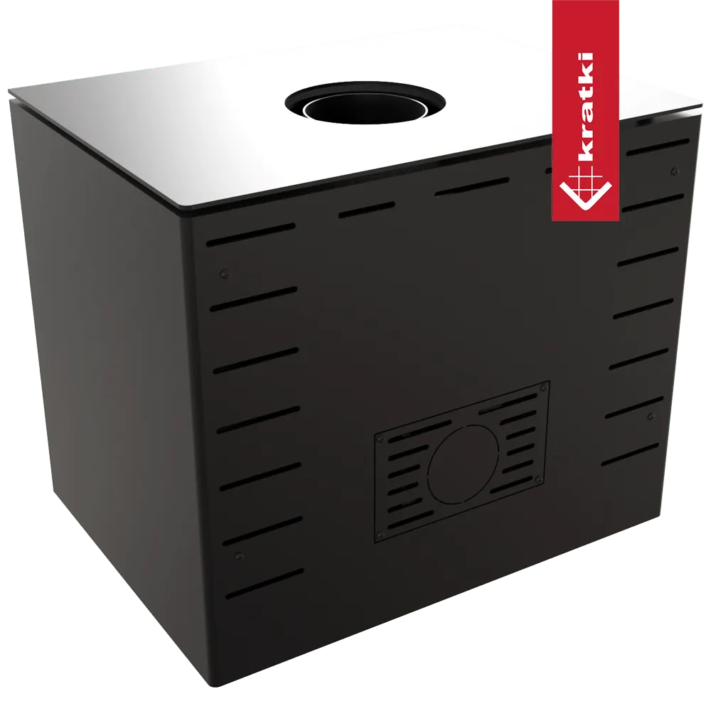 Zwarte Kratki Kari 70 houtkachel met bovenafvoer en ventilatierooster aan de voorkant.