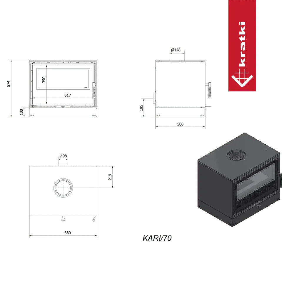 Technische tekening en 3D-weergave van Kratki Kari 70 houtkachel.