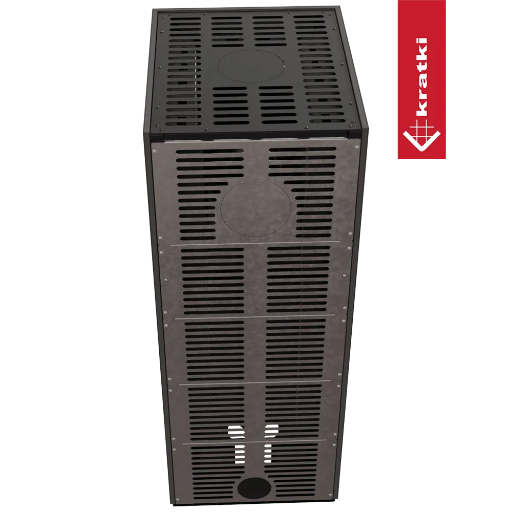 Kratki NBC 500/500, een rechthoekige metalen kachel met ventilatieopeningen en een zwart-rood logo.