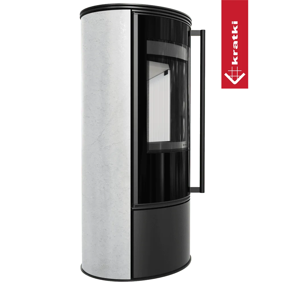 Moderne Kratki Erik houtkachel met zwart en wit design, grote glazen deur en handvat.
