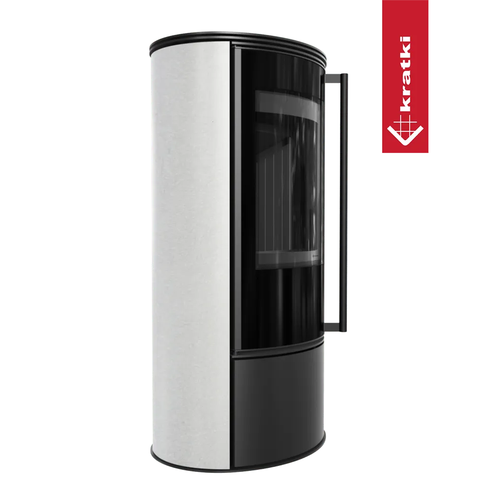 Moderne, cilindervormige houtkachel Kratki Erik met glazen deur en zwart-witte afwerking.