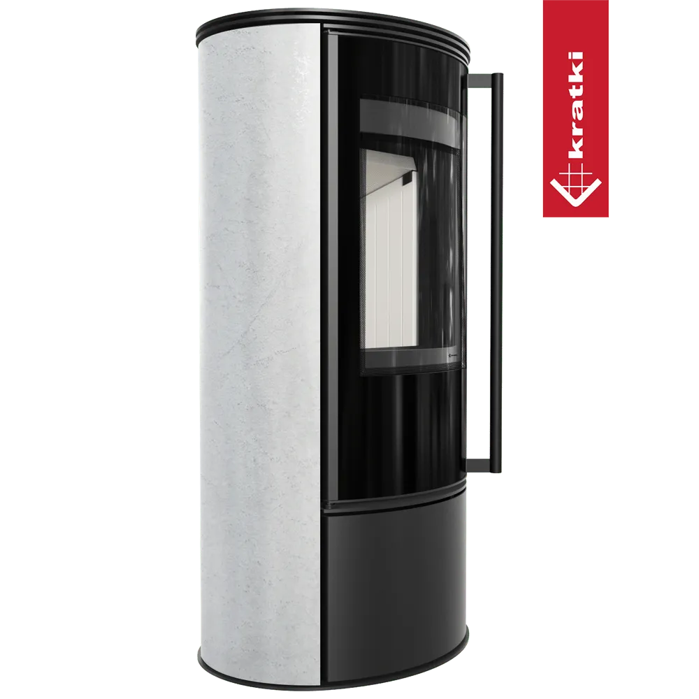 Kratki Erik moderne houtkachel met zwart en wit design, grote glazen deur en handvat.