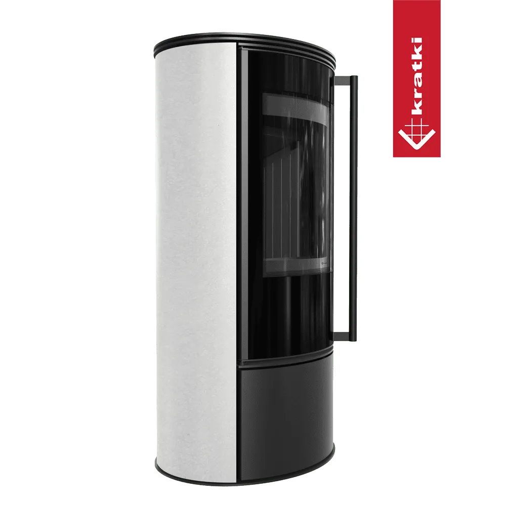 Moderne, cilindervormige houtkachel Kratki Erik met glazen deur en zwart-witte afwerking.