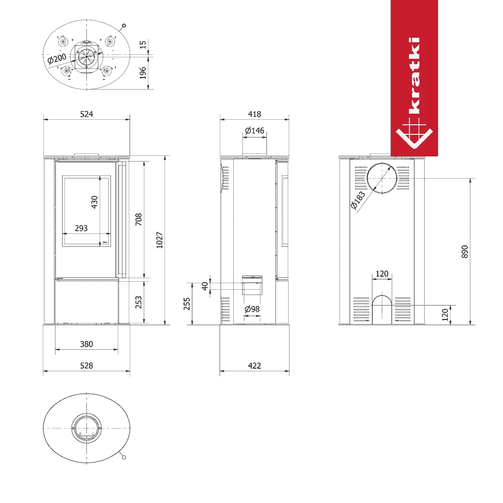 Kratki Erik haard met modern ontwerp en rode merklabel aan de rechterkant.