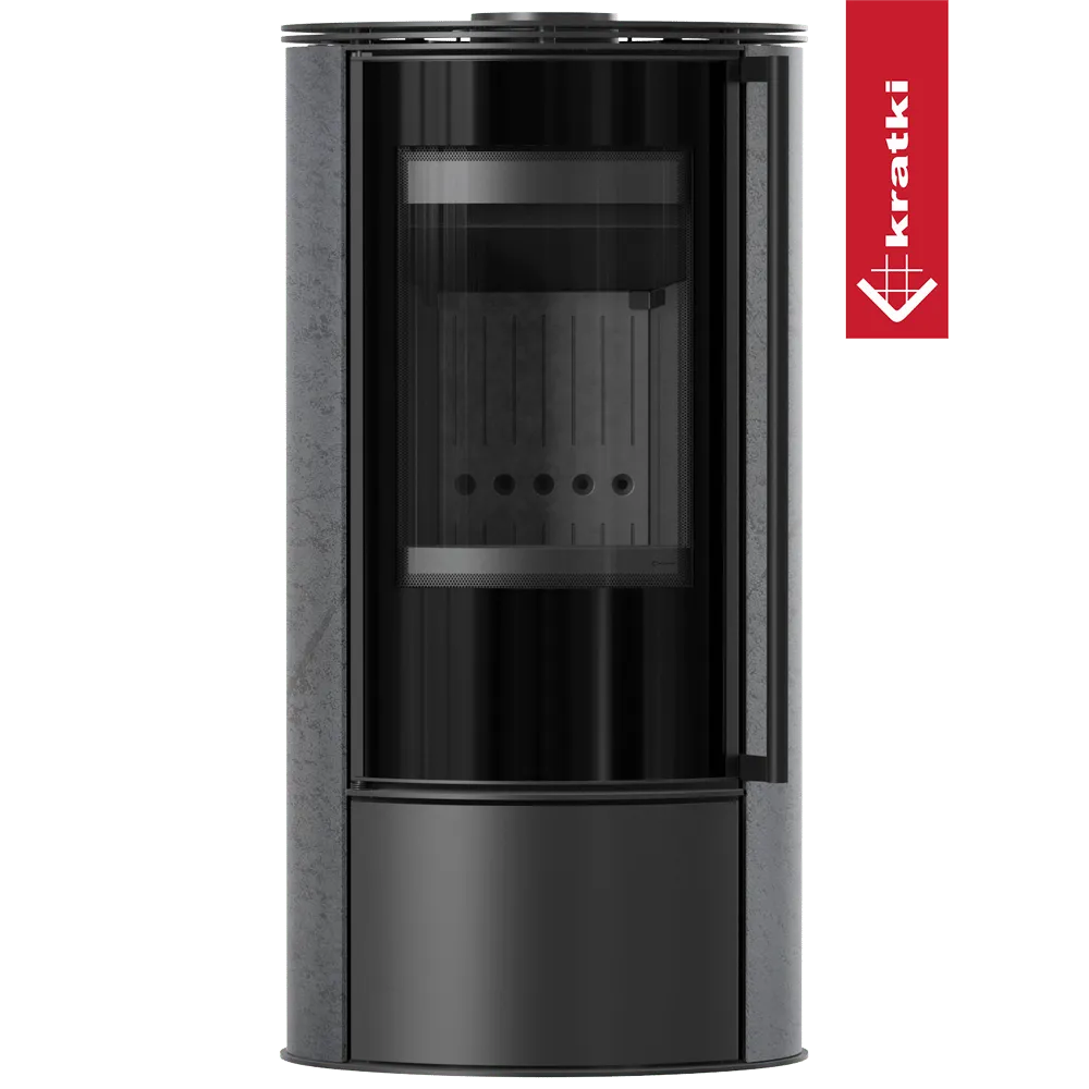 Zwarte, moderne houtkachel Kratki Erik met glazen deur en grijze zijpanelen.