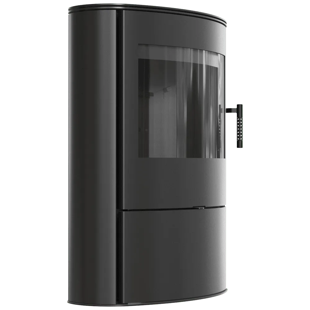 Zwarte, moderne houtkachel Kratki AB ROLLO 2 met gebogen glazen deur en metalen handvat.