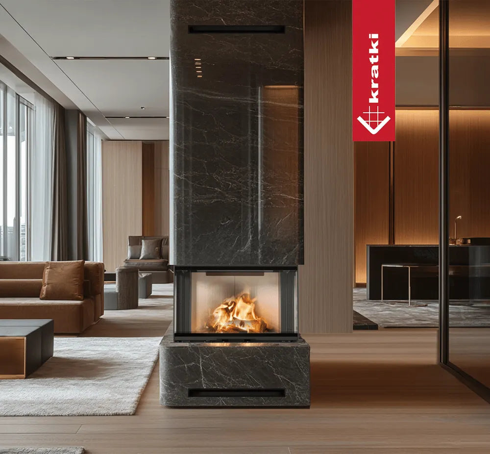 Kratki Regnor 800/400 haard in een moderne, luxe woonkamer met marmeren afwerking.