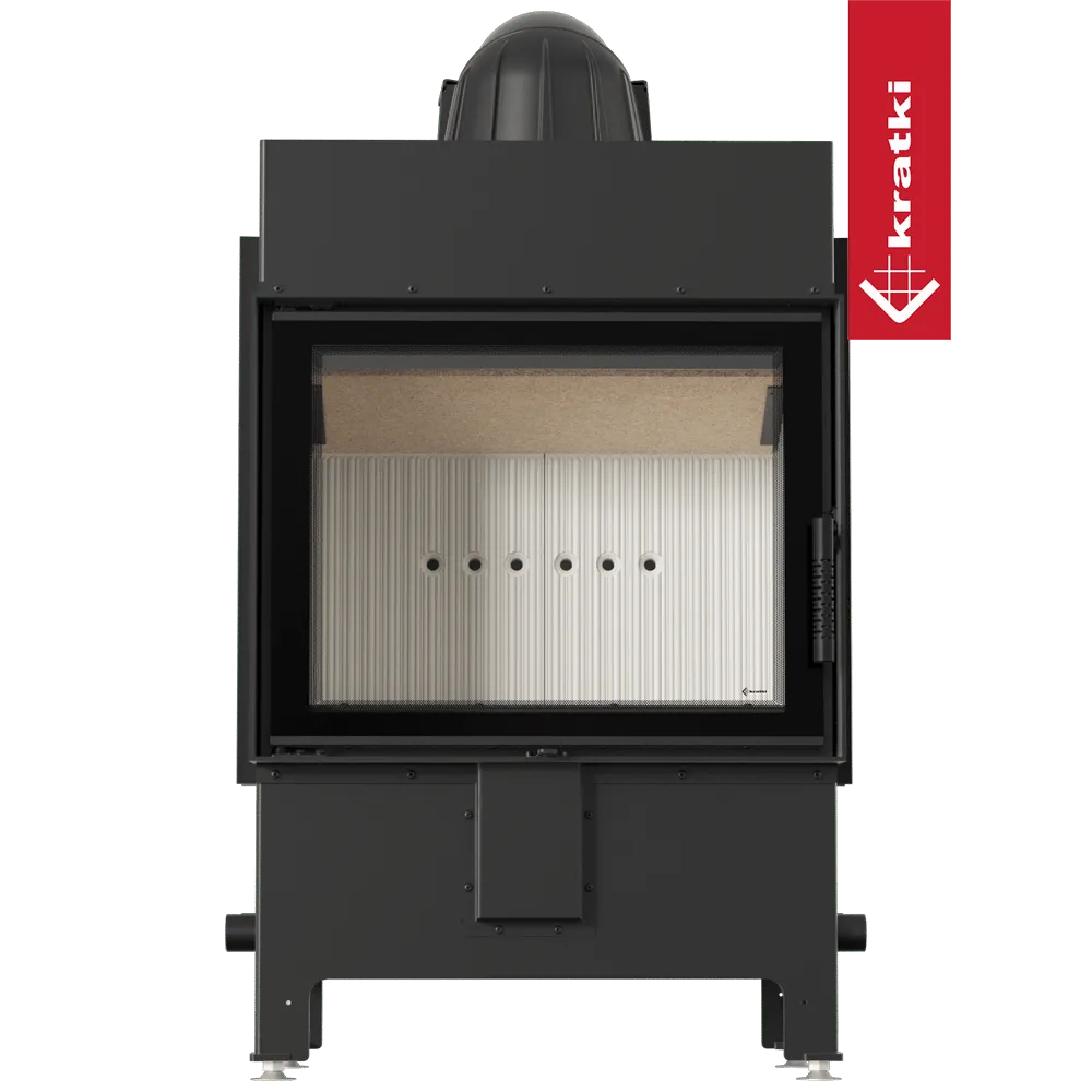 Kratki Lucy 12 kW houtkachel met glazen deur en zwart metalen frame.