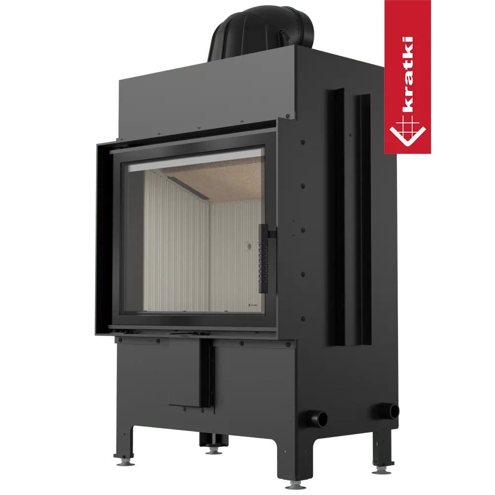 Kratki Lucy 12 kW houtkachel met glazen deur en robuuste zwarte behuizing.