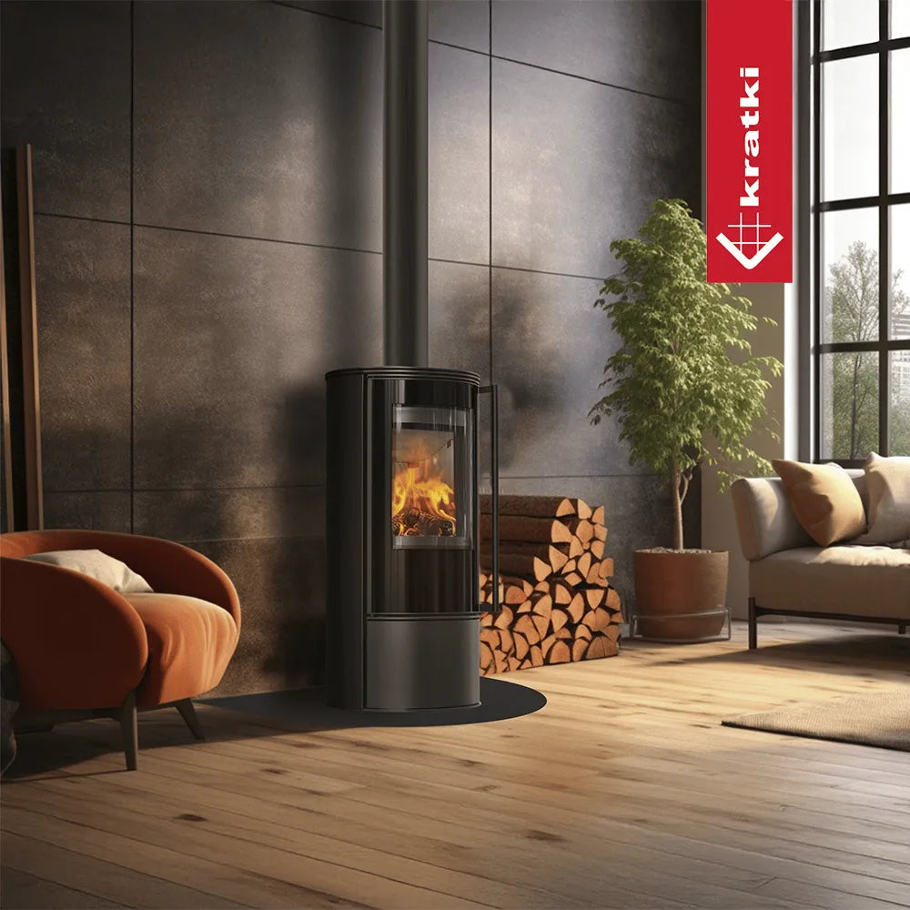 Kratki Skadi houtkachel in moderne woonkamer met houten vloer, oranje stoel en stapel haardhout.