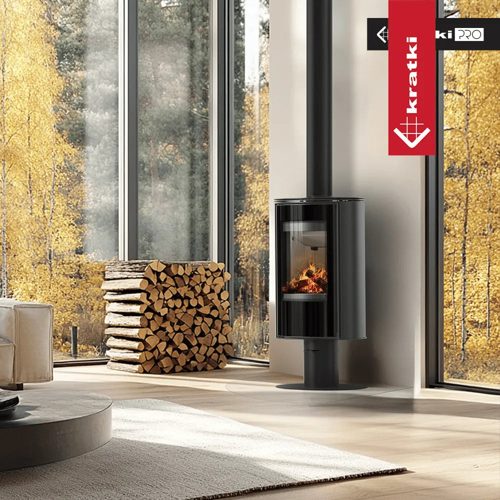 Kratki Erik houtkachel in moderne woonkamer met grote ramen en uitzicht op herfstbos.