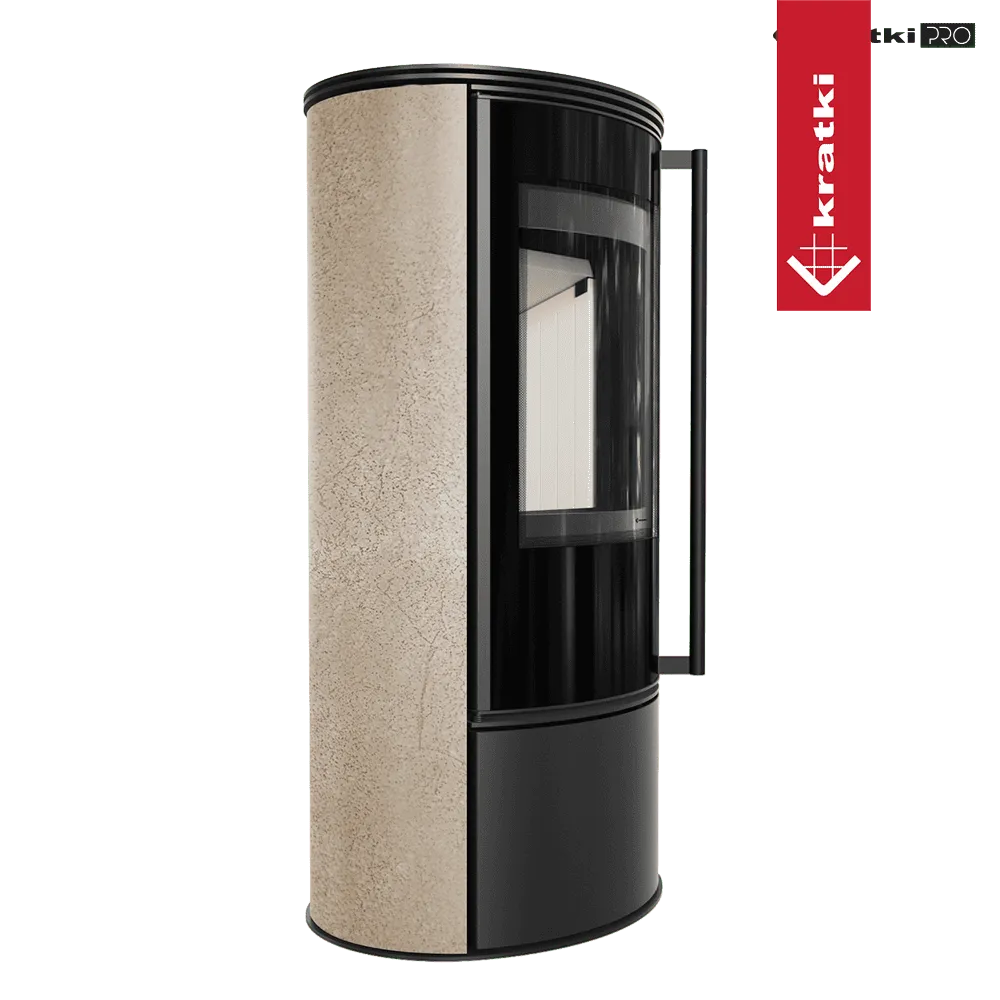 Kratki Erik houtkachel met gebogen glazen deur en beige zijpaneel.